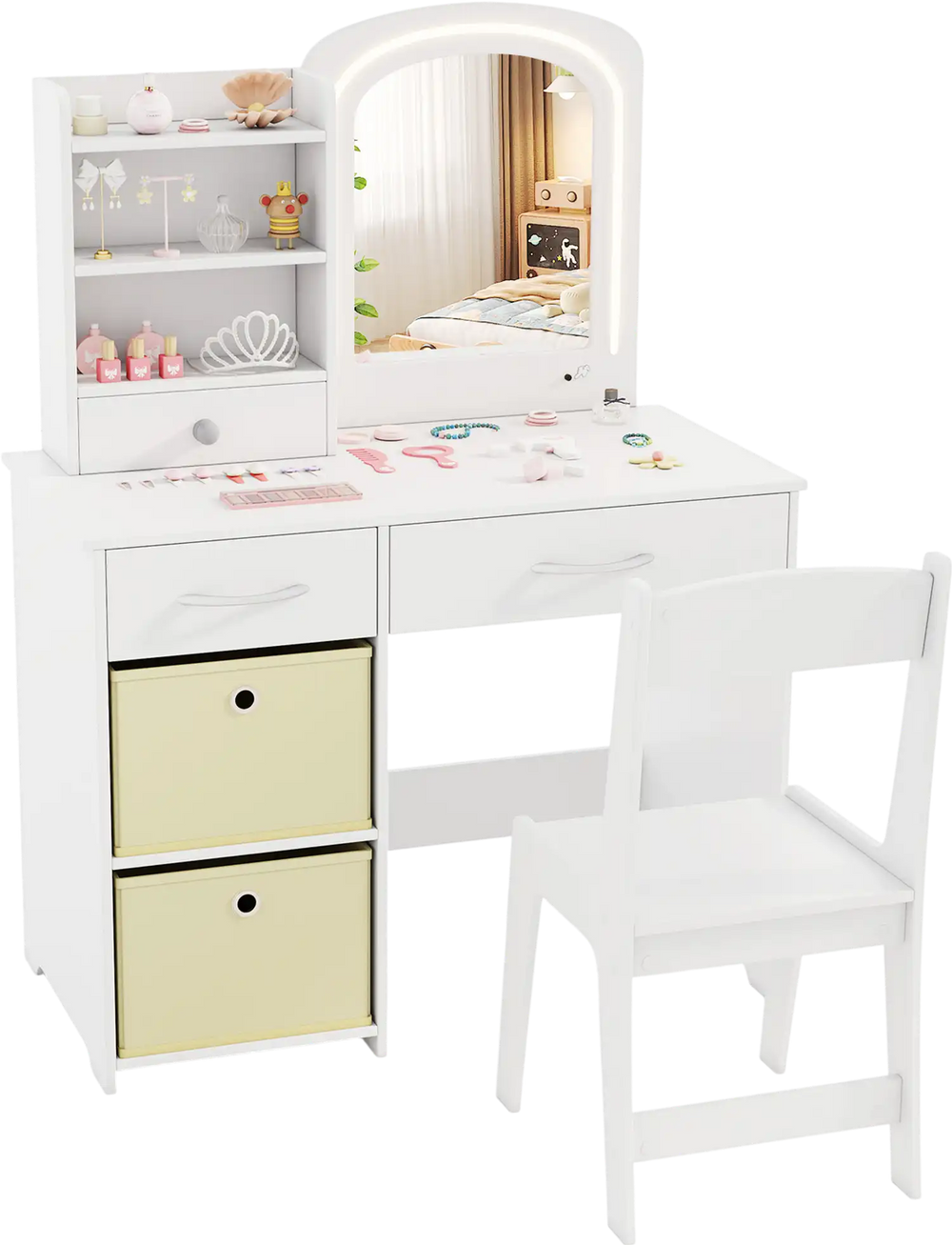 Kids vanity set featuring a lighted mirror, white makeup desk with drawers, and a matching chair for versatile use.