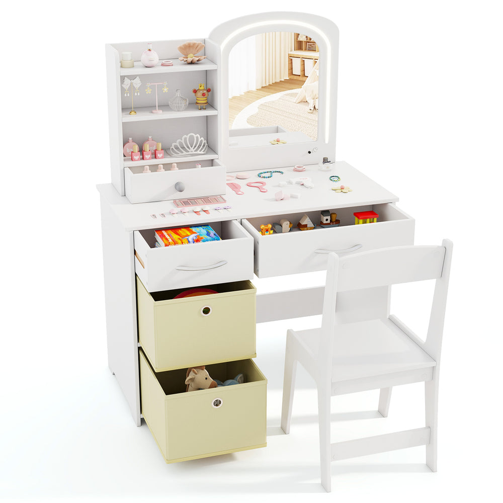 Kids vanity set featuring a lighted mirror, ample storage drawers, and a chair, perfect for dressing and creative.