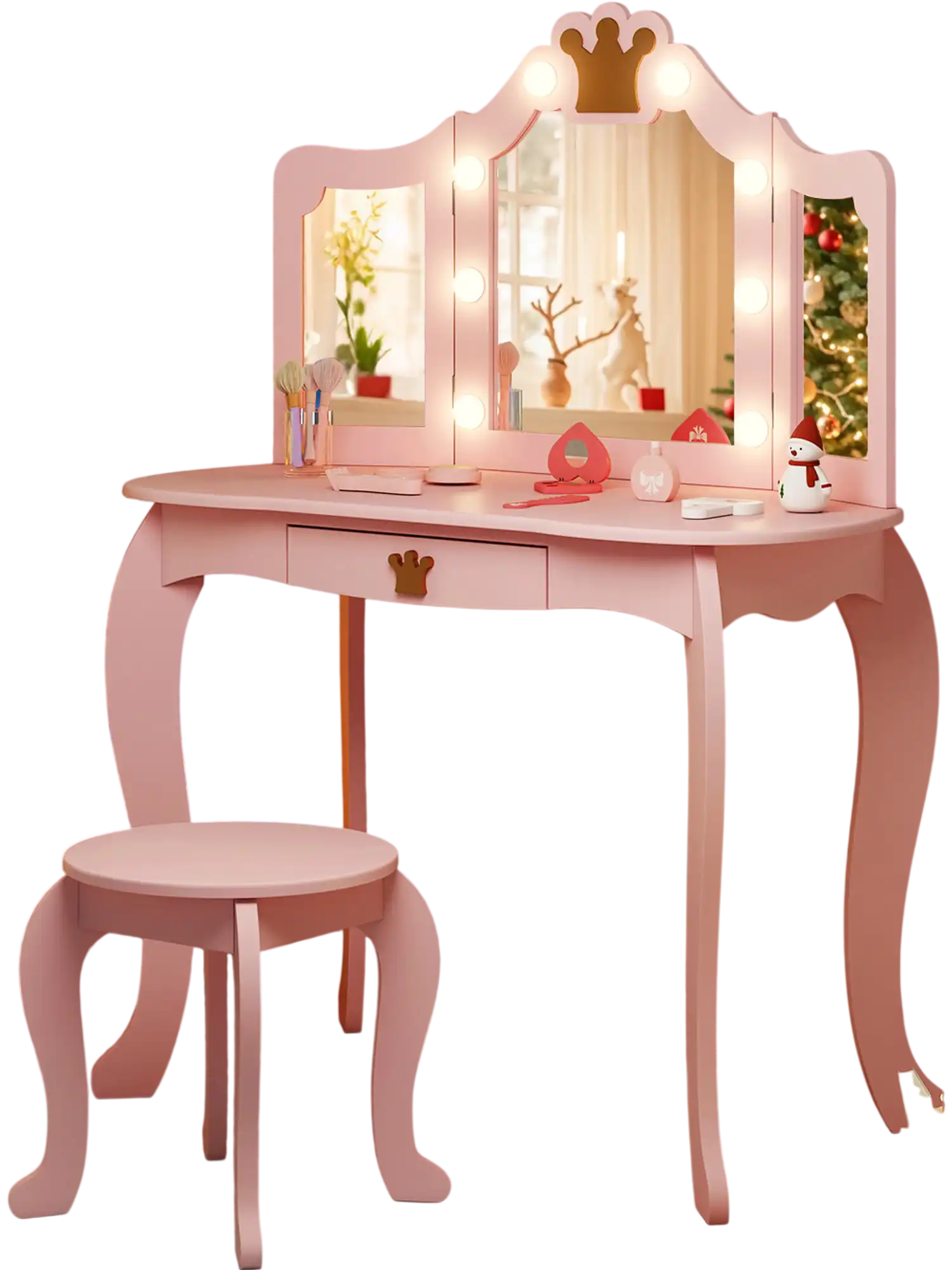 Costway Kids Vanity Set Tri-Fold Lighted Mirror Stool Pink 63782415 New