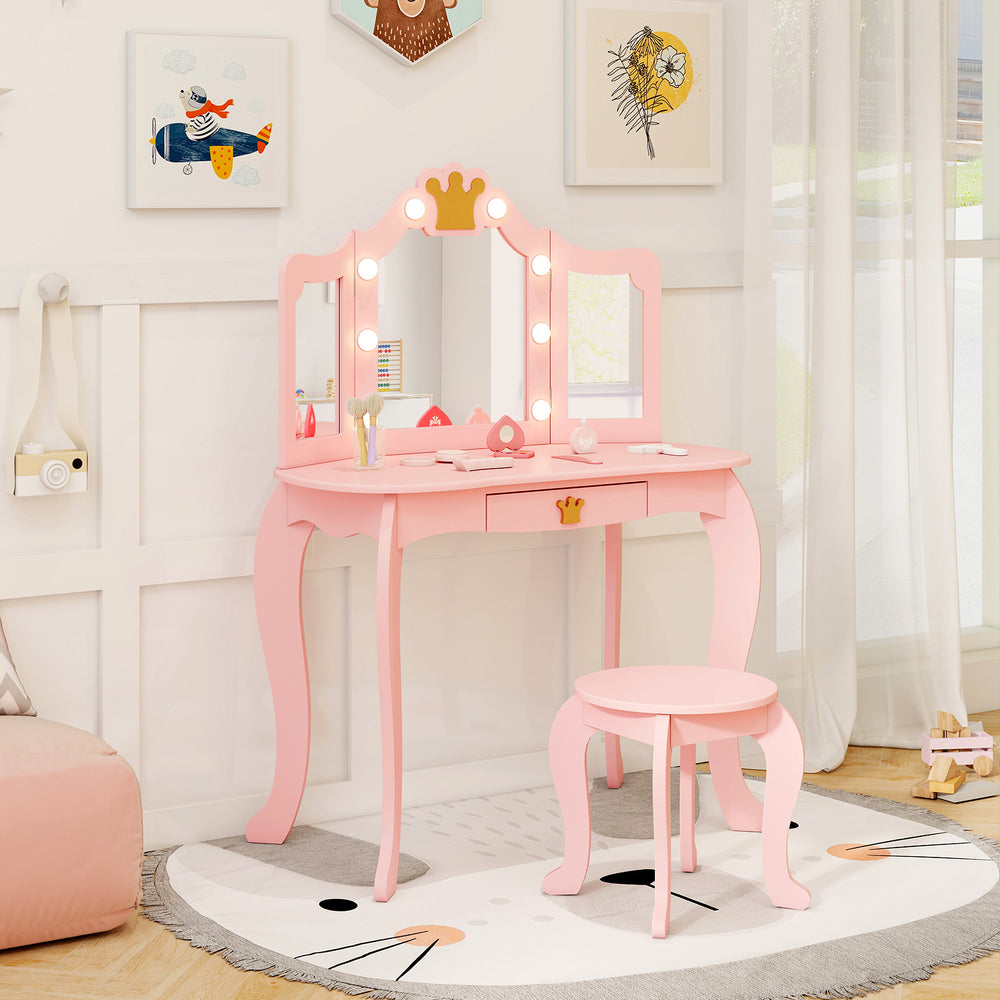 Tri-fold lighted mirror of the pink kids vanity set, featuring adjustable brightness and safe acrylic for young users.