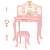 Kids vanity set in pink with tri-fold lighted mirror, detachable top, and stool, ideal for dressing and play.