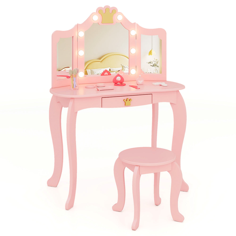 Kids vanity set in pink with tri-fold lighted mirror, detachable top, and stool, perfect for dressing and play.