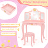 Kids vanity set in pink with tri-fold lighted mirror, detachable top, and stool, perfect for ages 3-7.