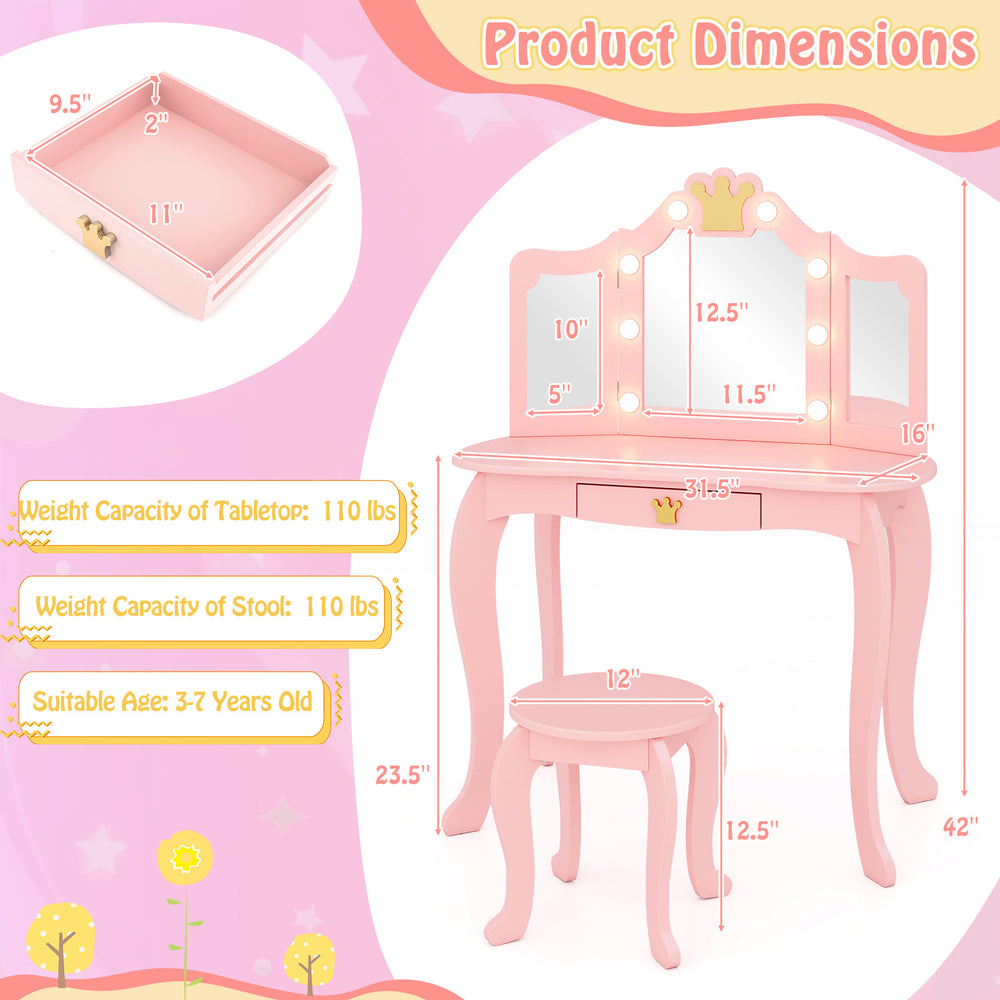 Kids vanity set in pink with tri-fold lighted mirror, detachable top, and stool, perfect for ages 3-7.