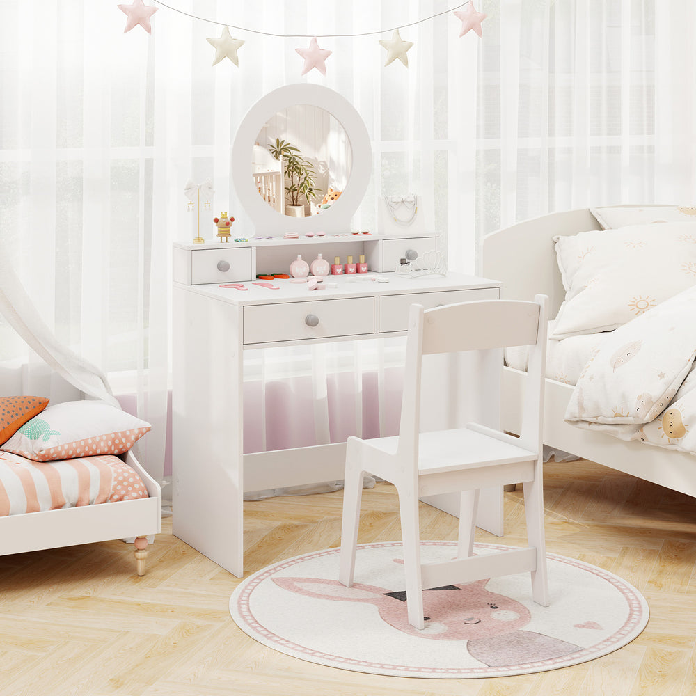 Kids vanity set in white featuring a mirror, drawers, and chair, perfect for dressing and play in a child's room.