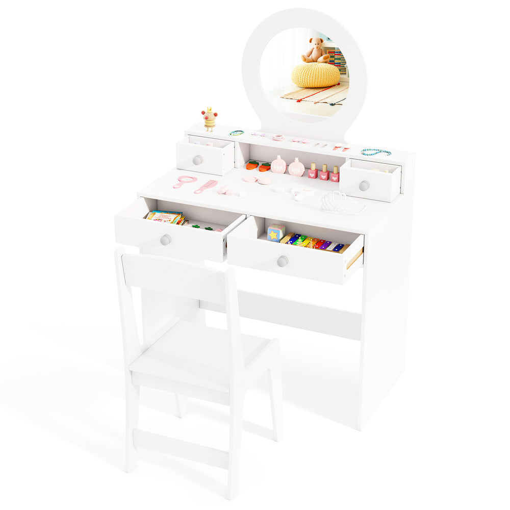 Kids vanity set in white with mirror, featuring ample storage and rounded corners for safety, perfect for dressing and.