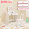 Kids vanity set dimension chart showing table height of 43.5 inches and chair height of 12.5 inches, ideal for ages 3+.