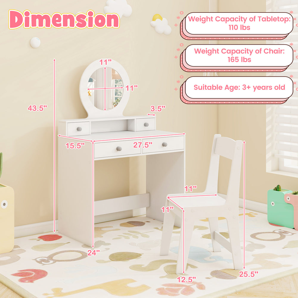 Kids vanity set dimension chart showing table height of 43.5 inches and chair height of 12.5 inches, ideal for ages 3+.