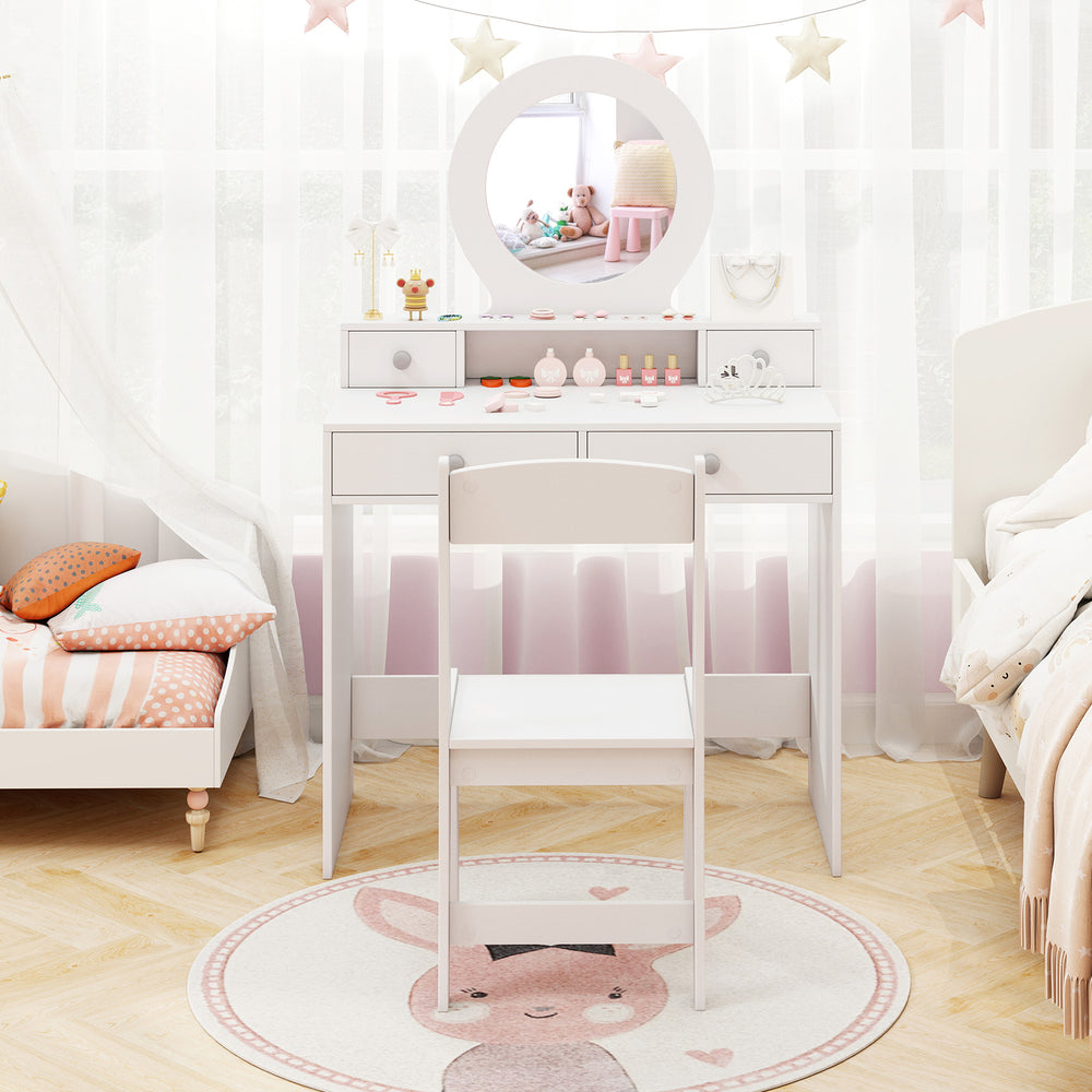 Kids vanity set in white featuring a mirror, storage drawers, and a chair, perfect for dressing and playtime.