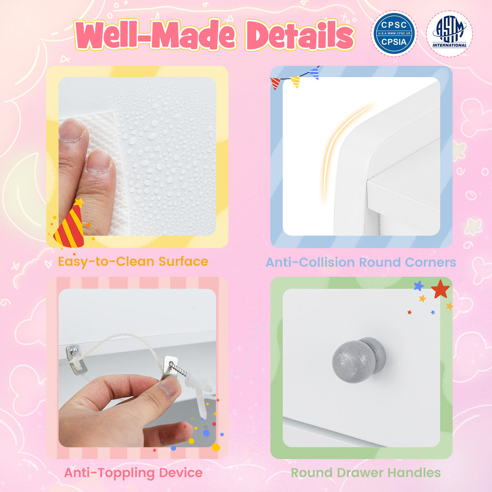 Kids vanity set features easy-to-clean surface, anti-collision round corners, and anti-toppling device for safety.