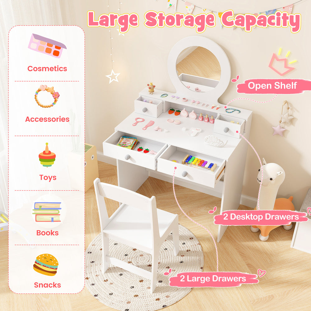 Kids vanity set in white with mirror, featuring ample storage, open shelf, and two large drawers for organizing.