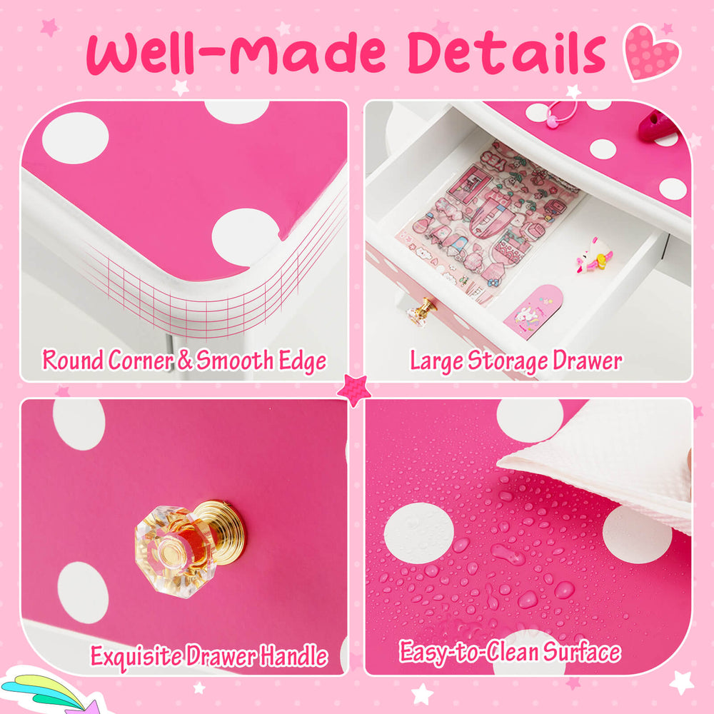 Kids vanity table set with pink polka dot print, large storage drawer, and smooth edges for safe play.