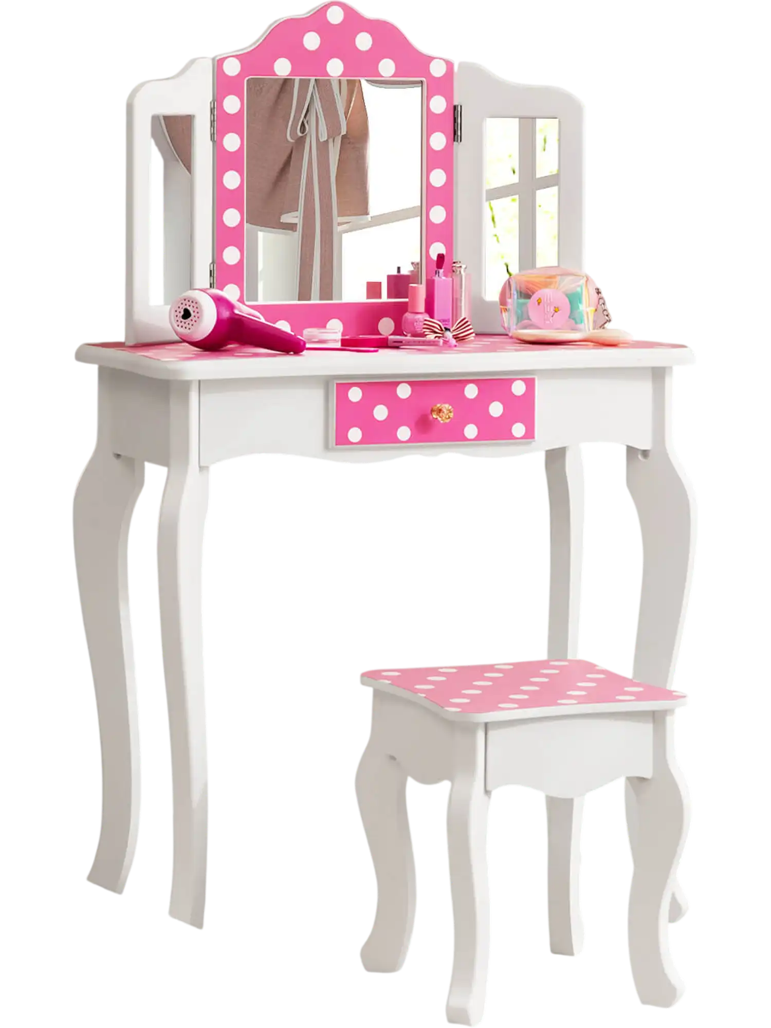 Costway Kids Vanity Table & Stool Set Polka Dot Pink 14327890 New