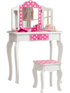Pink polka dot stool from the kids vanity set, designed for stability with anti-slip foot pads and a charming.