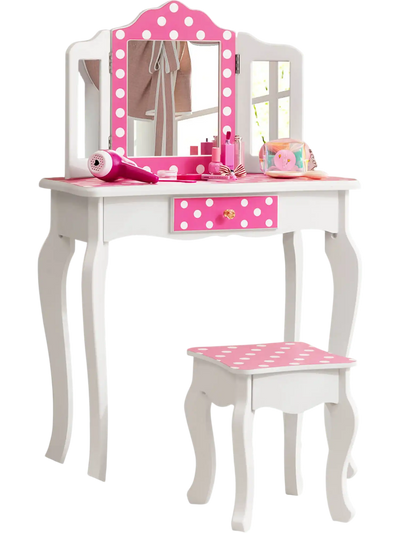 Costway Kids Vanity Table & Stool Set Polka Dot Pink 14327890 New