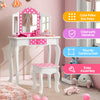 Kids vanity table and stool set with pink polka dot print, tri-fold mirror, and ample storage for a fun dressing.