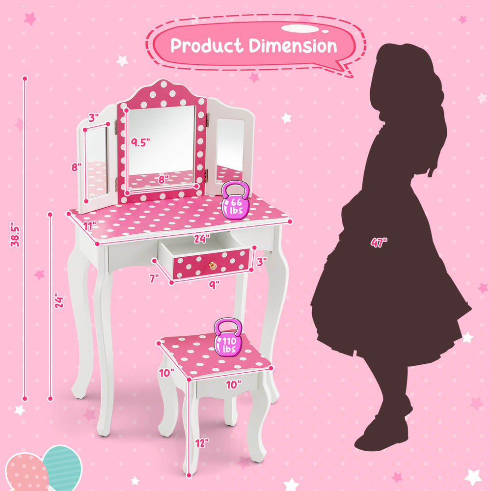 Kids vanity table with a pink polka dot design, featuring a tri-fold mirror and a convenient pull-out drawer for.