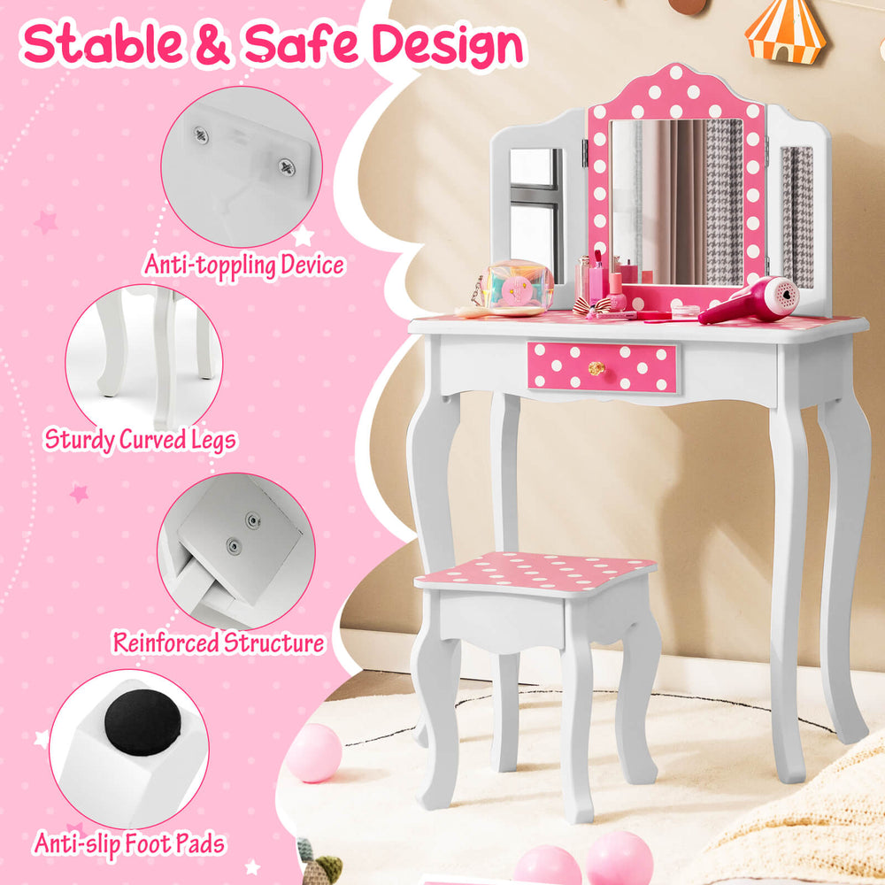 Kids vanity table and stool set in pink with polka dots, featuring a tri-fold mirror and ample storage for toys and.