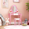 Kids vanity table set in pink with 360° rotating mirror, whiteboard, and ample storage for creative play.