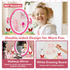 Kids vanity table set featuring a 360° rotating mirror, whiteboard, and storage drawer, perfect for creative play.