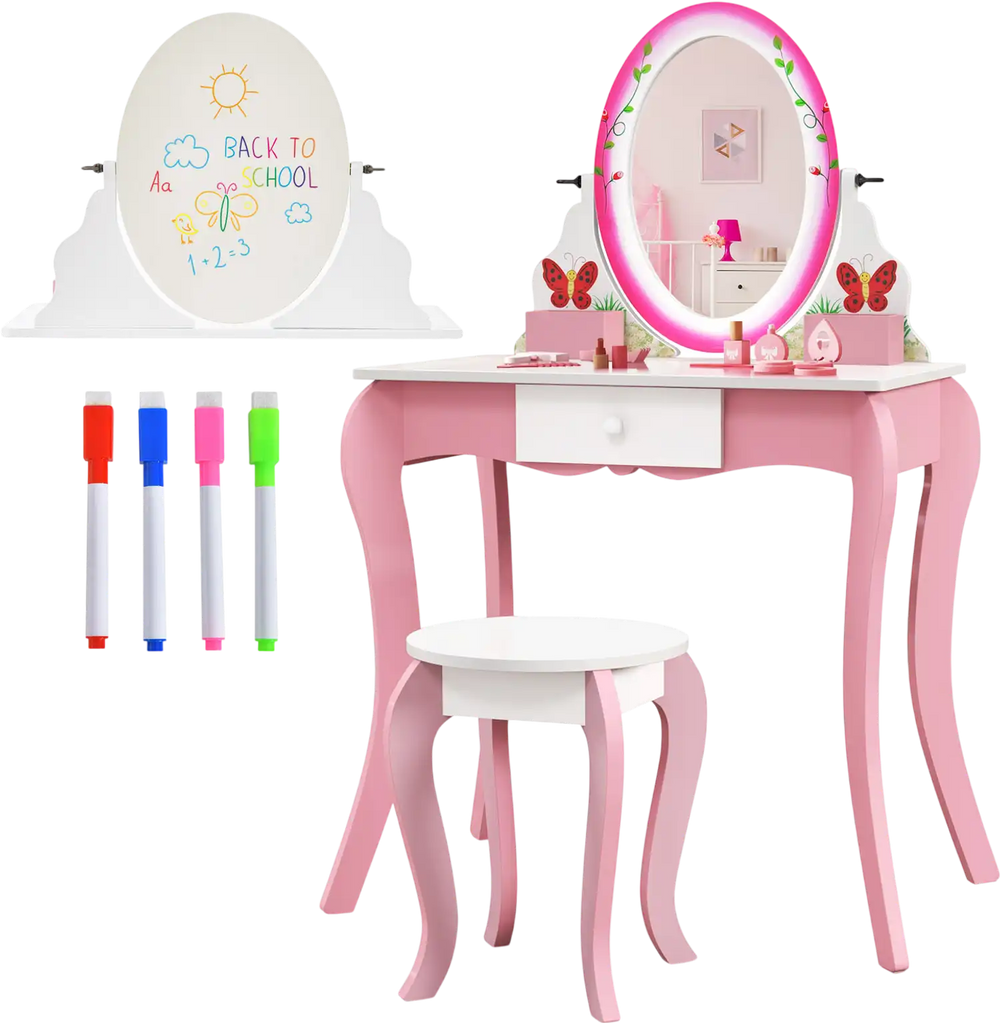 Kids vanity table set in pink with 360° rotating mirror, whiteboard, and storage drawer for creative play.