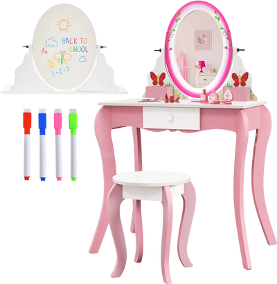 Costway Kids Vanity Table Stool Set Rotating Mirror Whiteboard 43675982 New