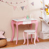 Kids vanity table set in pink with a 360° rotating mirror, whiteboard, and ample storage for creative play.