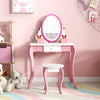 Pink kids vanity table with a 360° rotating mirror, whiteboard, and stylish stool, perfect for imaginative play.