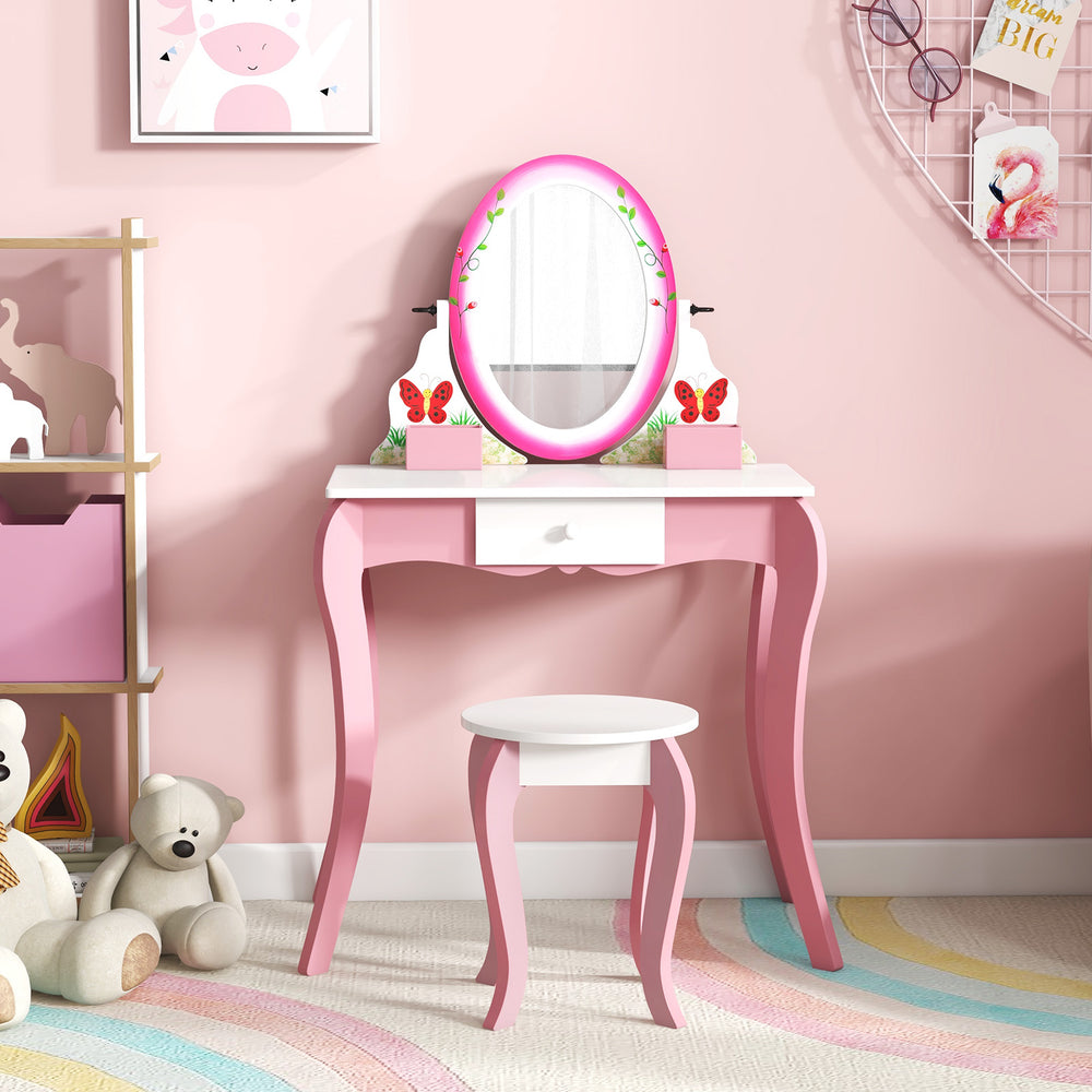 Pink kids vanity table with a 360° rotating mirror, whiteboard, and stylish stool, perfect for imaginative play.