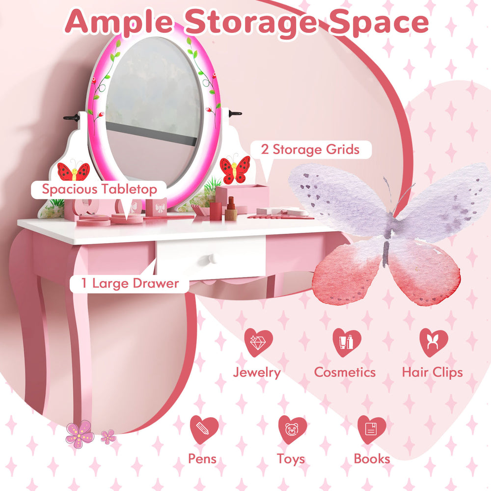 Kids vanity table set in pink with 360° rotating mirror, ample storage, and whiteboard for creative play.