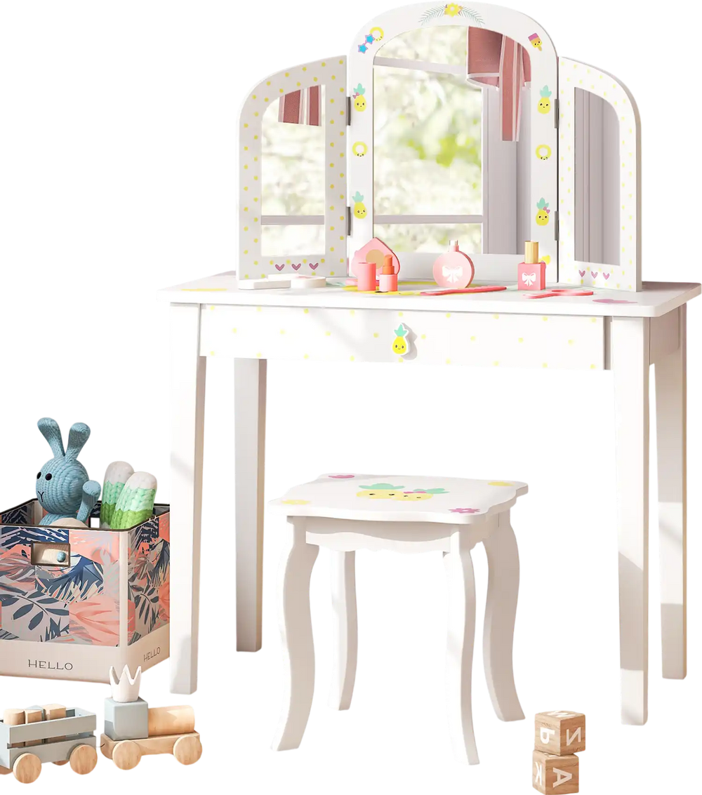 Kids vanity table set in white with a tri-folding mirror and large drawer, perfect for dressing up or studying.