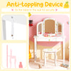 Kids vanity table set in white with tri-folding mirror, large drawer, and anti-toppling design for safety and stability.