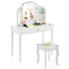 Kids vanity table set with tri-folding mirror, large drawer, and cute patterns, perfect for dressing up or studying.