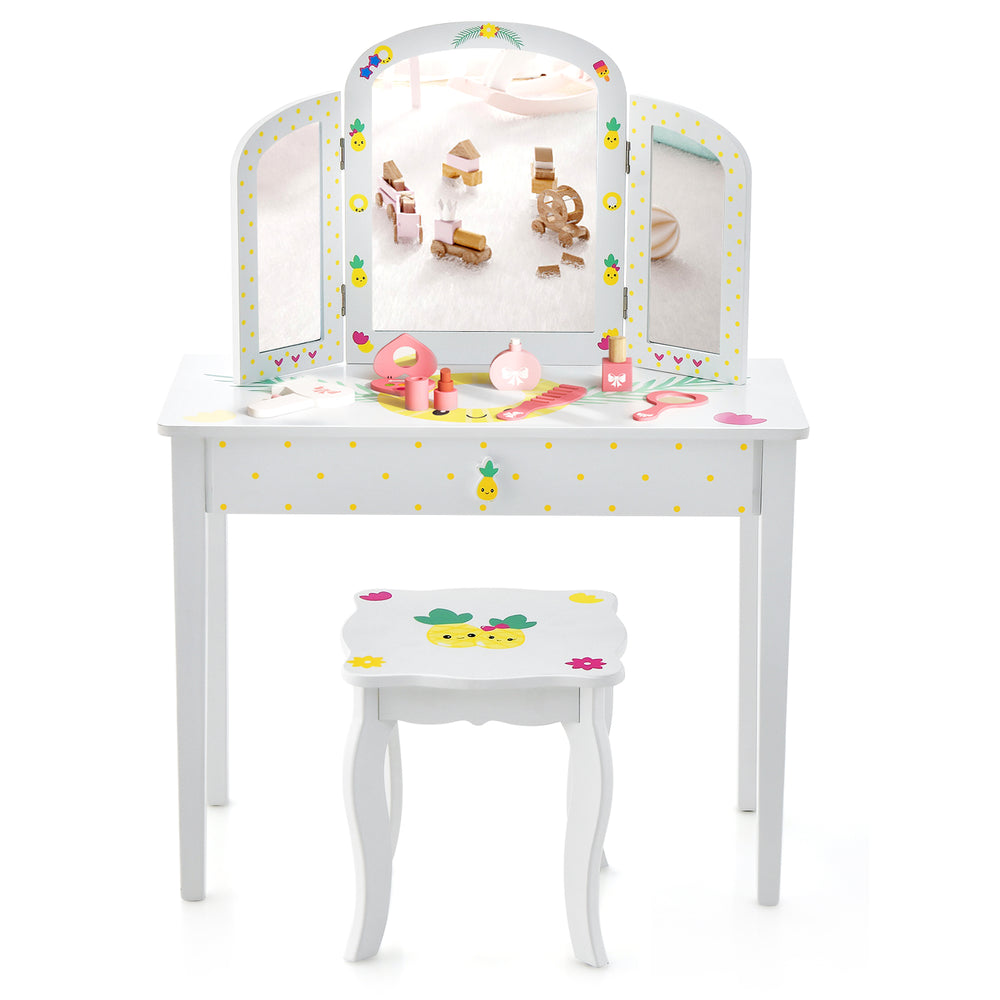 Kids vanity table set in white with a tri-folding mirror and large drawer, perfect for makeup or studying.
