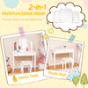 Kids vanity table set with detachable tri-folding mirror, large drawer, and sturdy MDF design for makeup or study use.