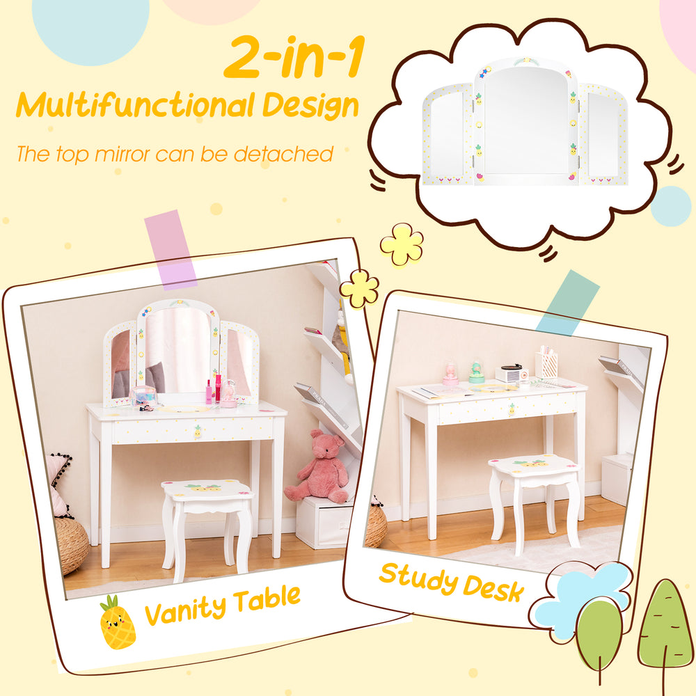 Kids vanity table set with detachable tri-folding mirror, large drawer, and sturdy MDF design for makeup or study use.