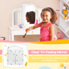 Kids vanity table set featuring a clear tri-folding mirror, large drawer, and sturdy MDF design for safe dressing up.