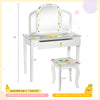 Kids vanity table set in white with tri-folding mirror, large drawer, and cute patterns for children over 3 years old.