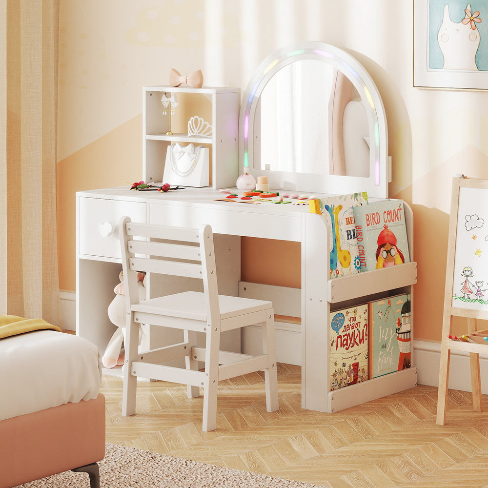 Kids vanity table and chair set in white with lighted mirror, storage compartments, and ergonomic design for ages 3+.