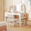 Kids vanity table and chair set in white with lighted mirror, storage compartments, and ergonomic design for ages 3+.
