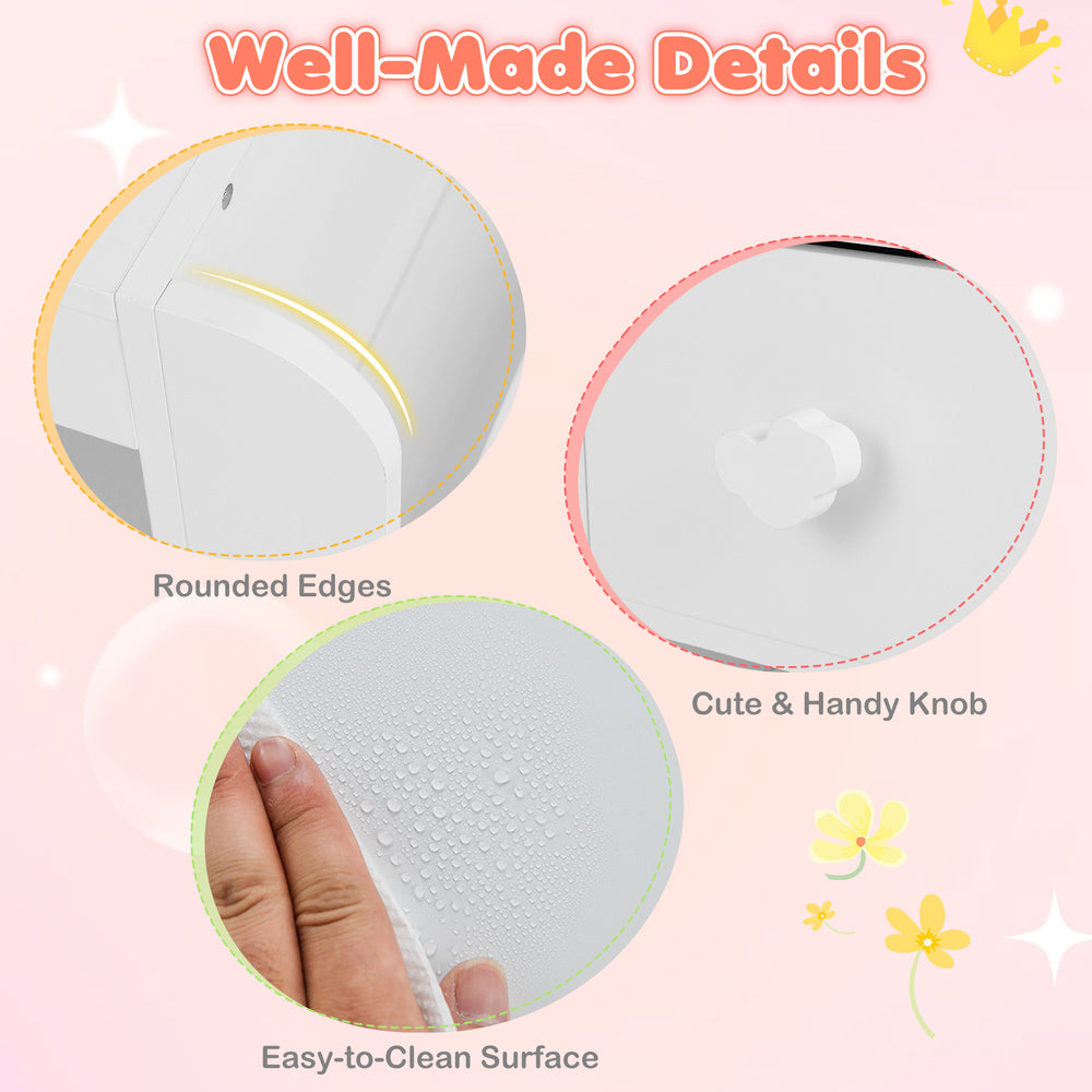 Well-made details of the kids vanity set, featuring rounded edges, a cute knob, and an easy-to-clean surface for safety.