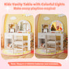 Kids vanity table set with lighted mirror, white finish, includes chair and storage for playroom fun.