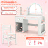Kids vanity table and chair set in white with lighted mirror, open shelf, and drawer for storage, ideal for ages 3+.