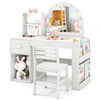 Child-safe mirror with colorful light strip on kids vanity table, featuring rounded corners and ample storage for toys.
