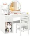 Child-safe lighted mirror on kids vanity table, featuring a white finish, open shelf, and ergonomic chair for safe play.