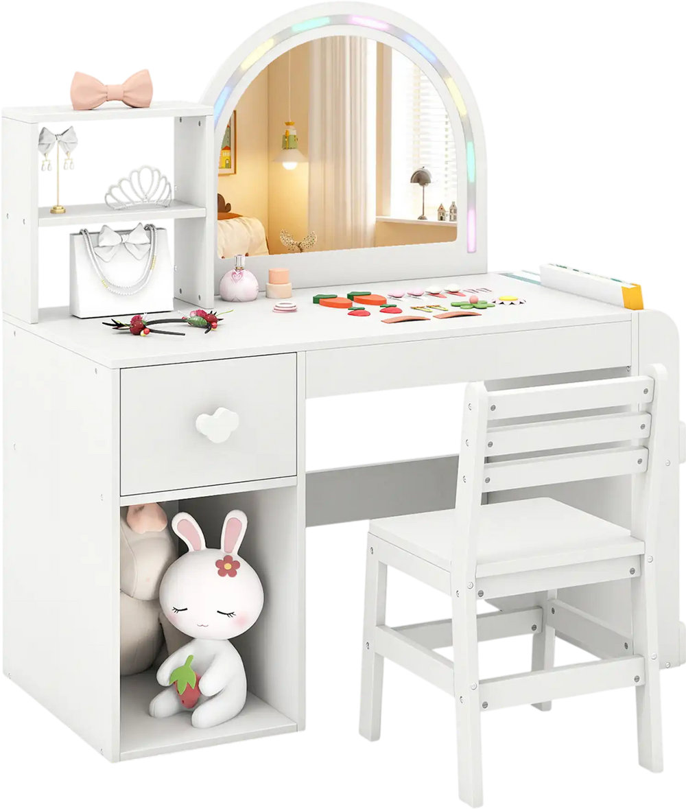 Child-safe lighted mirror on kids vanity table, featuring a white finish, open shelf, and ergonomic chair for safe play.
