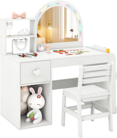 Costway Kids Vanity Table & Chair Set w/ Lighted Mirror 83872369 New