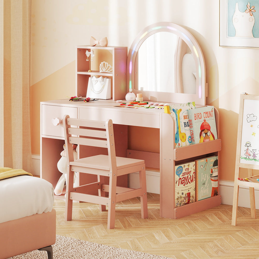 Kids Vanity Table and Chair Set with Lighted Mirror for Kids Aged 3+ Years Old-Pink - Gallery View 1 of 13