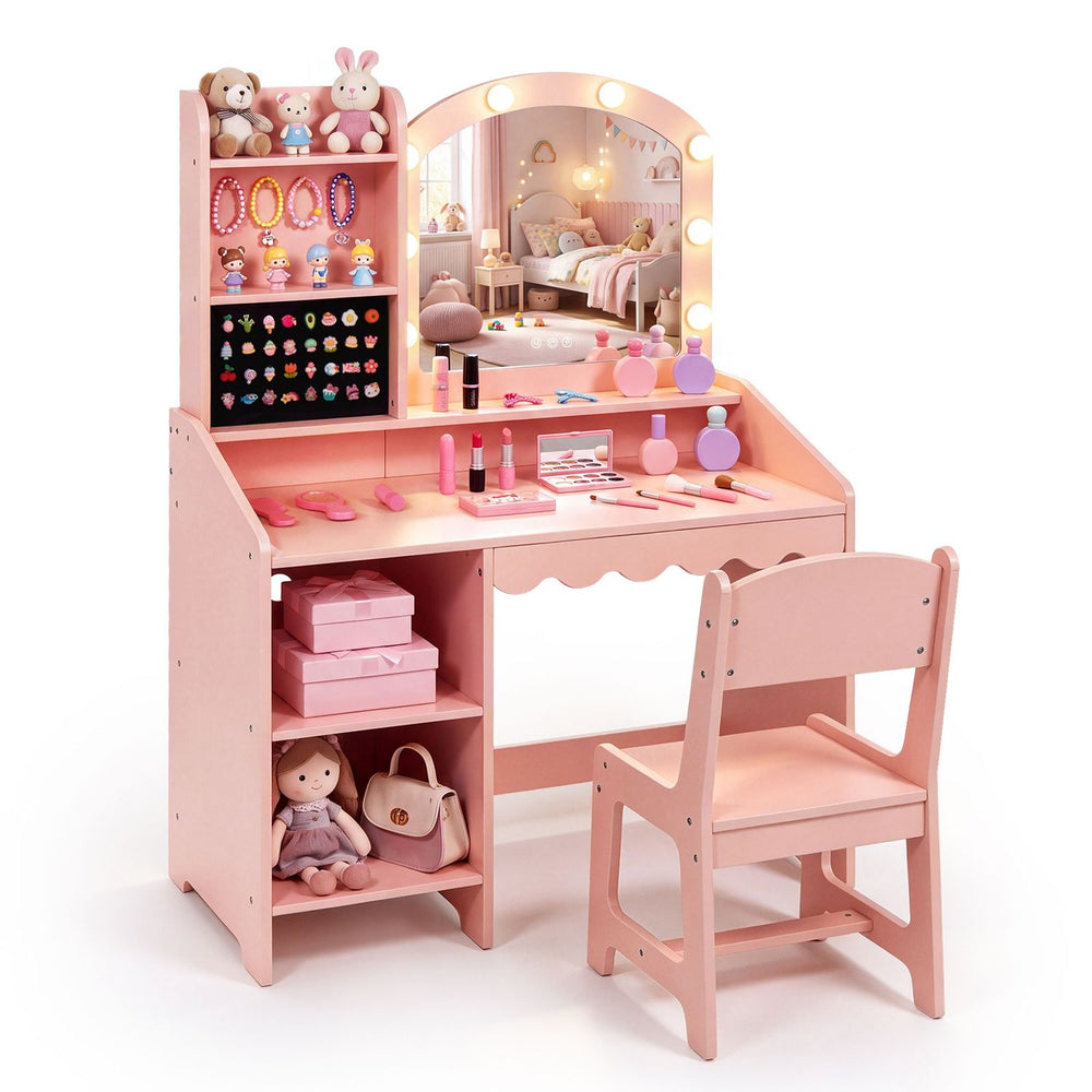 Kids Vanity Table and Chair Set with 8 LED Bulbs and Ring Slots and Mirror-Pink - Gallery View 1 of 1