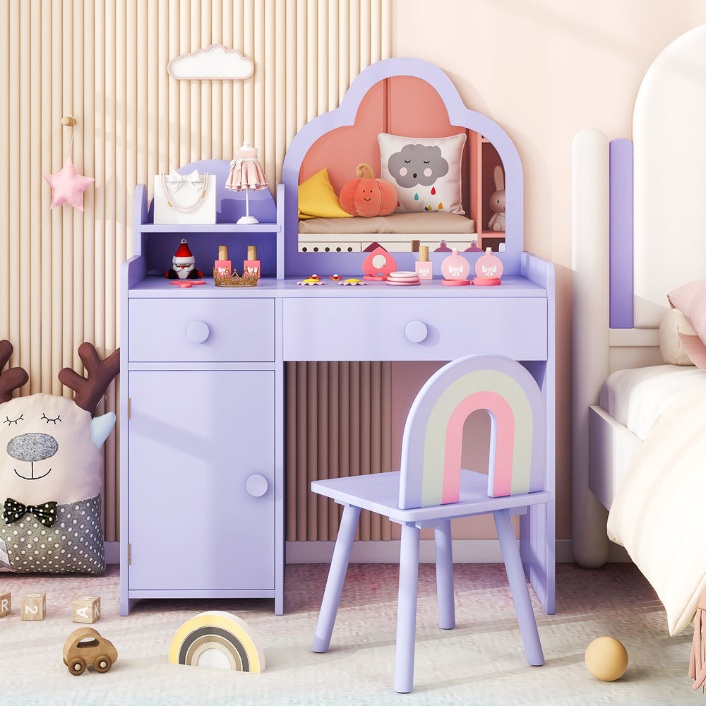 Kids Vanity Table and Chair Set with Cloud-shaped Mirror and Open Shelf-Purple - Gallery View 1 of 10